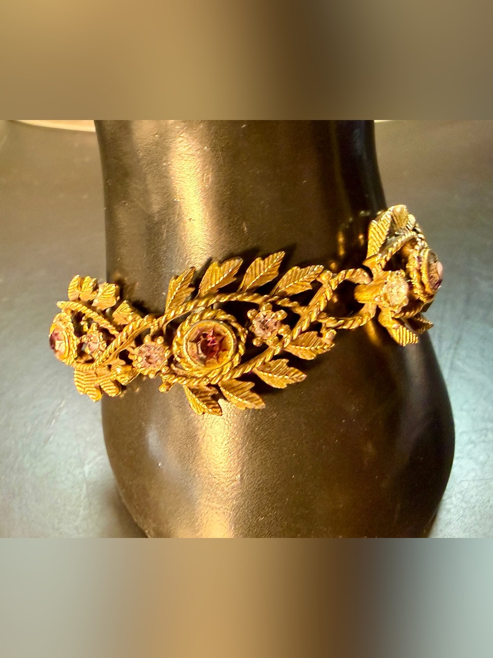 Rare Vintage 1950s Signed Coro Gold Tone Botanical Purple Rhinestone Bracelet